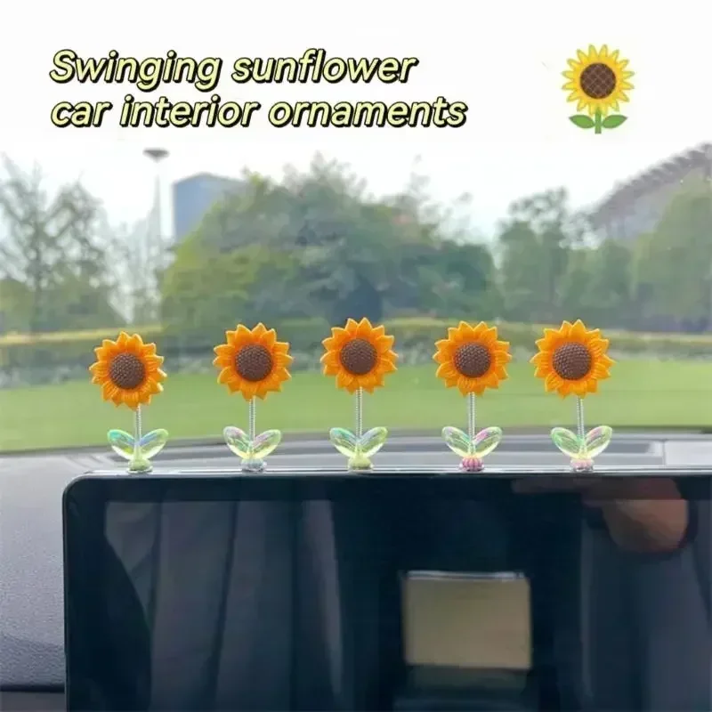

New 5pcs Swinging Sunflower Car Ornaments Refreshing Healing Fresh Flowers Car Center Console Decor Creative Desk Ornaments