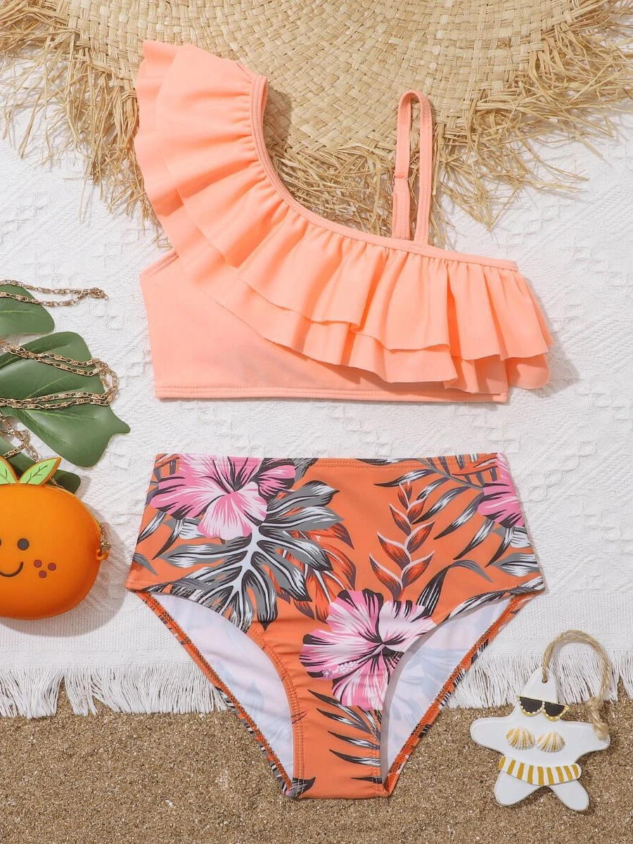 Bikinis con volantes para niñas, traje de baño de un hombro, ropa de playa para niños, 2023