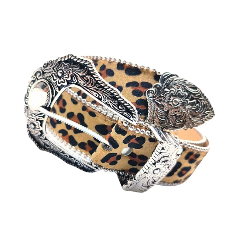 Cinturón con patrón leopardo 50JB para mujer, cinturón a cinturón con hebilla grabada a juego para adolescentes,