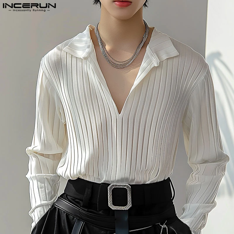 INCERUN Tops 2024 Korean Style Men\'s Solid Texture Simple All-match Shirts Casual Streetwear Male Hot Selling Lapel Blouse S-5XL