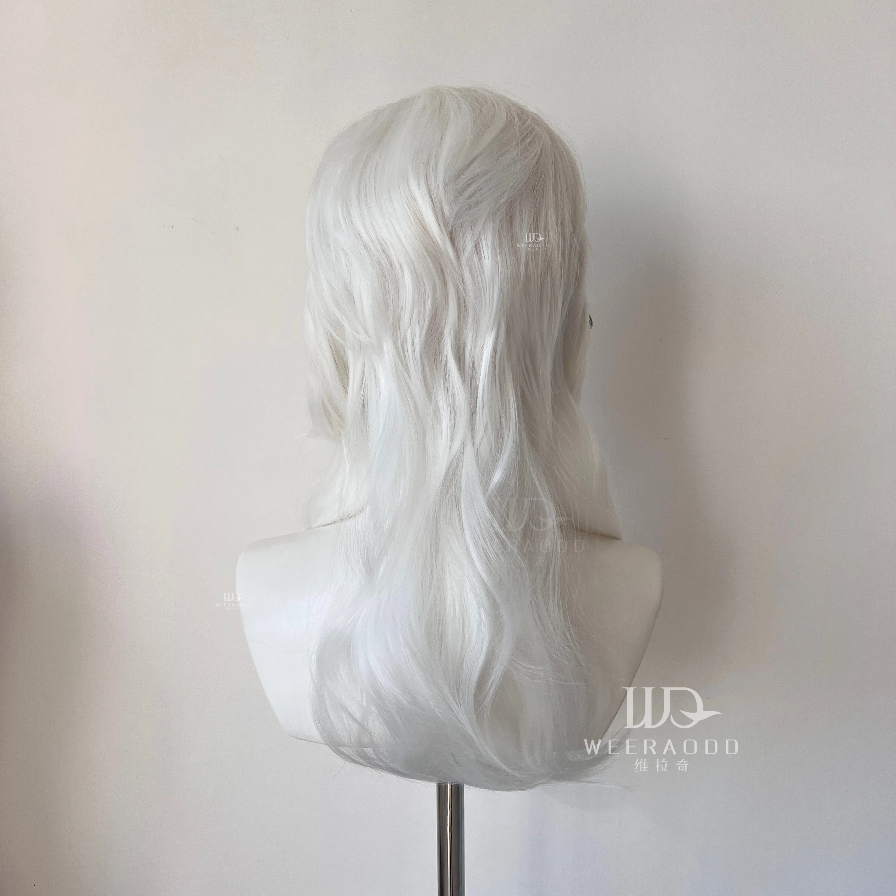 16Inch White Mullet Wig Glueless Hand Tied Lace Front Heat Resistant Shoulder Length Synthetic Hair for Cosplay Anime Role Play