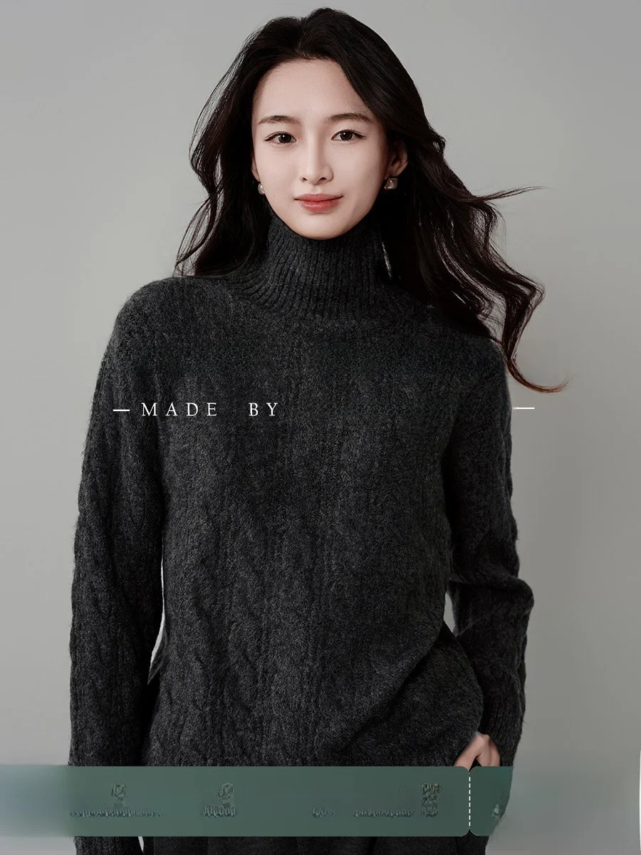 

Свободный вязаный свитер с высоким воротником для женщин, с узором «косы» и цветами, мягкий, уютный, базовый слой, универсальный, нежный, стильный (ACHU)