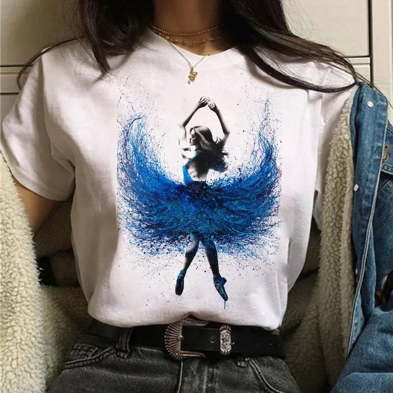 Maycaur New Watercolor Ballet Dancer Print Women Tshirt Casual Dancing Ballet O-Neck Summer Harajuku Vintage Tops Camisas Mujer