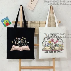 Books and Wildflower Canvas Tote Bag Women Bookworm Shoulder Bags Fashion Flower Trend Book Lovers Shopping Bag Teen Handbags