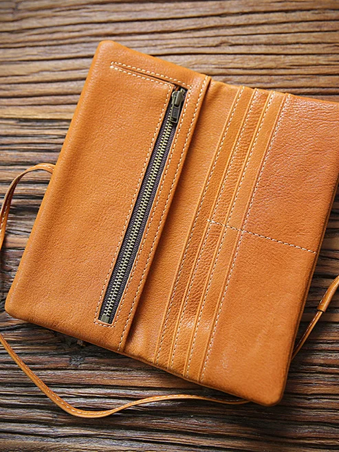 Handmade Retro Men's Long Genuine Leather Wallet First Layer Cowhide Clutch Skeleton-Skin Soft Women's Bag