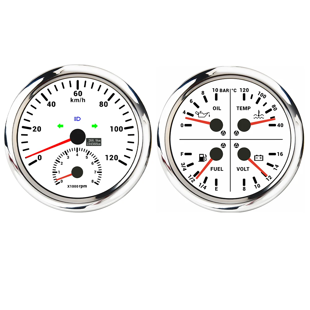 ELING 110mm 4 in 1 Oil Pressure Water Temp Fuel Level Voltmeter Gauge + 0-200km/h GPS Speedometer with 8000RPM Tachometer 12V