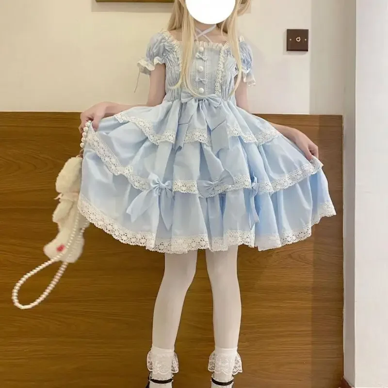 Primavera Estate Harajuku giapponese Jsk Op Lolita abito da sposa dolce fiocco carino elegante bretella increspata donna 2025 vendita calda