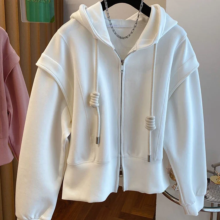 Sudadera con capucha con cremallera doble minimalista para mujer, diseño de empalme corto de Instagram, chaqueta de Color sólido, Top de Ropa para Niñas, nuevo, otoño