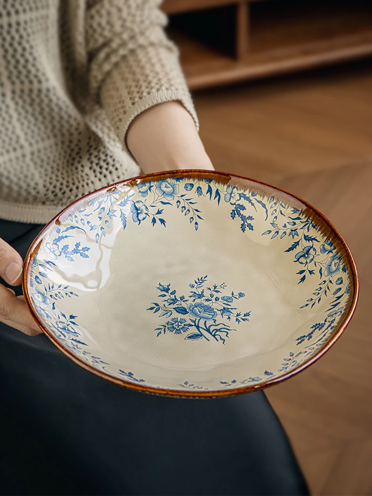 Platycodon Flower 9-inch Shaped Ruffled Ceramic Plate Vegetable Plate Household Plate Retro Dinner Plate
