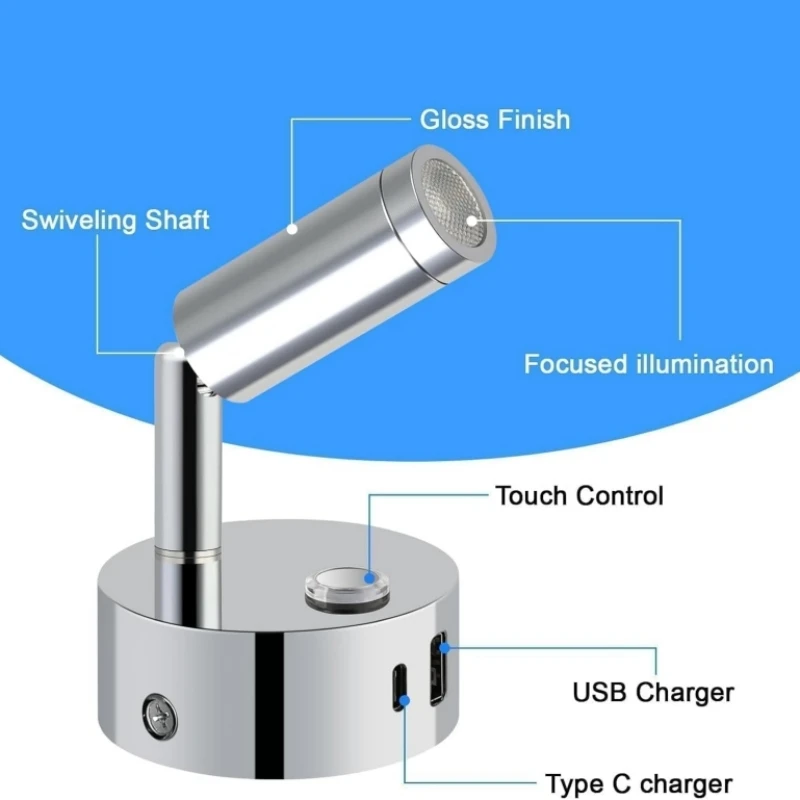 Tokili RV Marine Reading Light with Tactile Dimmer, Dual USB Ports(A/C), 12/24V Dimmable Spotlight for Truck Trailer Camper Bed