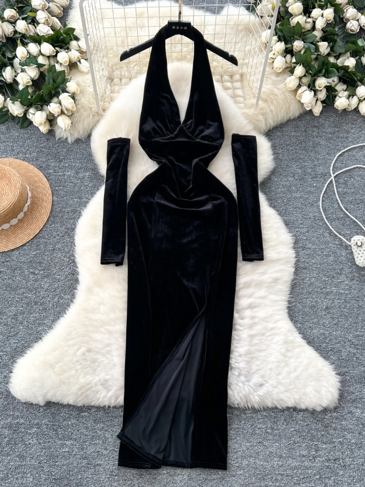 Ele Velvet Evening Dr with Deep V-Ne Bal Design for Women Sli High-Waisted A-Line Skirt Long Sve Mid-Length