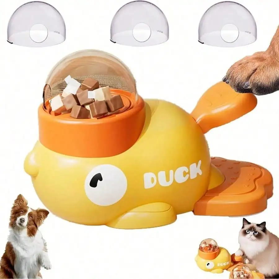 Interactive Duck Shaped Pet Feeding Toy, Durable Plastic Puzzle Feeding Toy, Orange Beak And Feet Design, Battery-Free, Suitable For Small To Large Pets Fun Food Dispensing Game, Sturdy Pet Toy, Pet Feeding Station, Fun Pet Design, Easy-Grip Handle