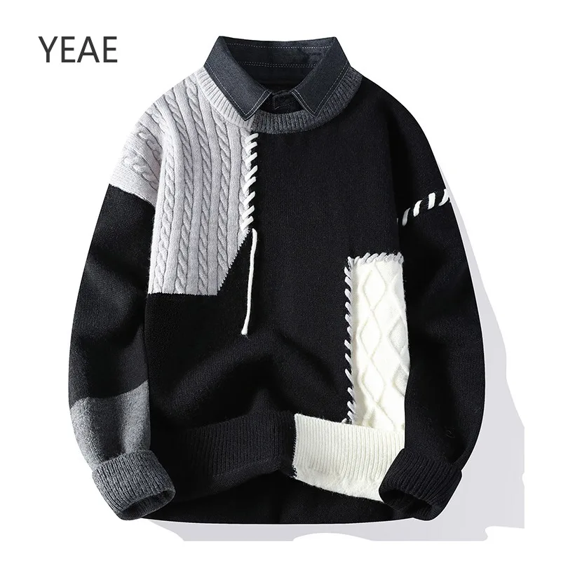 YEAE Autumn and Winter Denim Lapel Fashion Trend Color Matching Loose Round Neck Smen's Sweater High -end Designer Clothes Tops