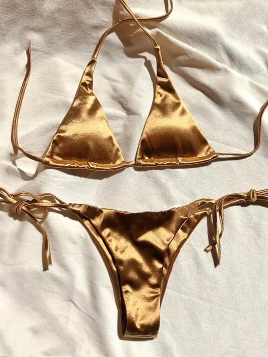 

Metallic Satin Halter Micro String Bikini Women Swimwear Female Swimsuit Two-pieces Bikini Set Brazilian Bathing Suit Swim Lady