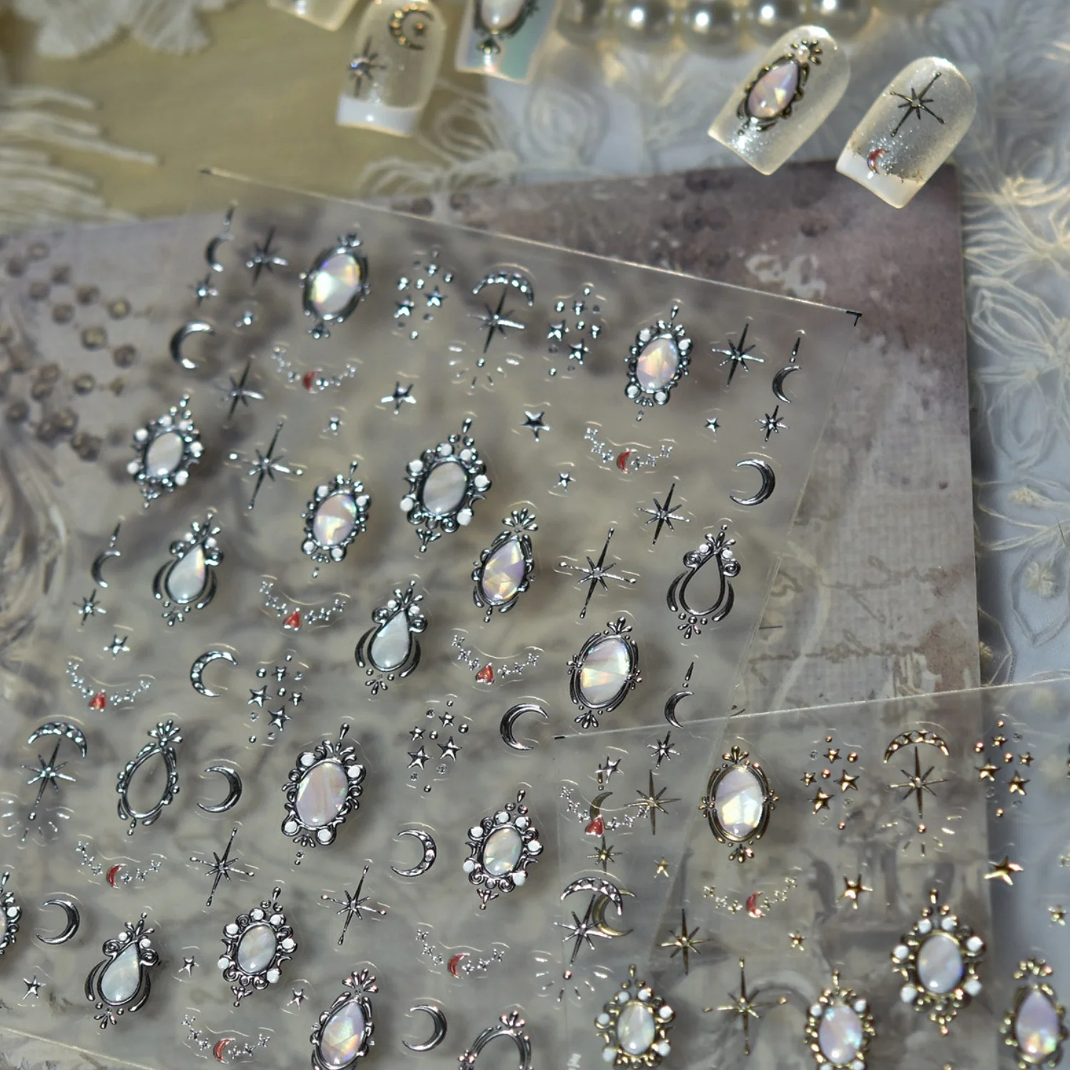 5D Retro Palace Nail Stickers Gold Silver Star Moon Gem Pendant Moon Starburst Shiny Jewel Nail Decals Luxury Vintage Manicure