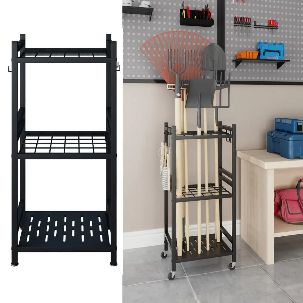 Durable With Movable Wheel Storage Rack Multi-purpose Stable Yard Agricultural Tool Stand Metal Mop Broom Holder