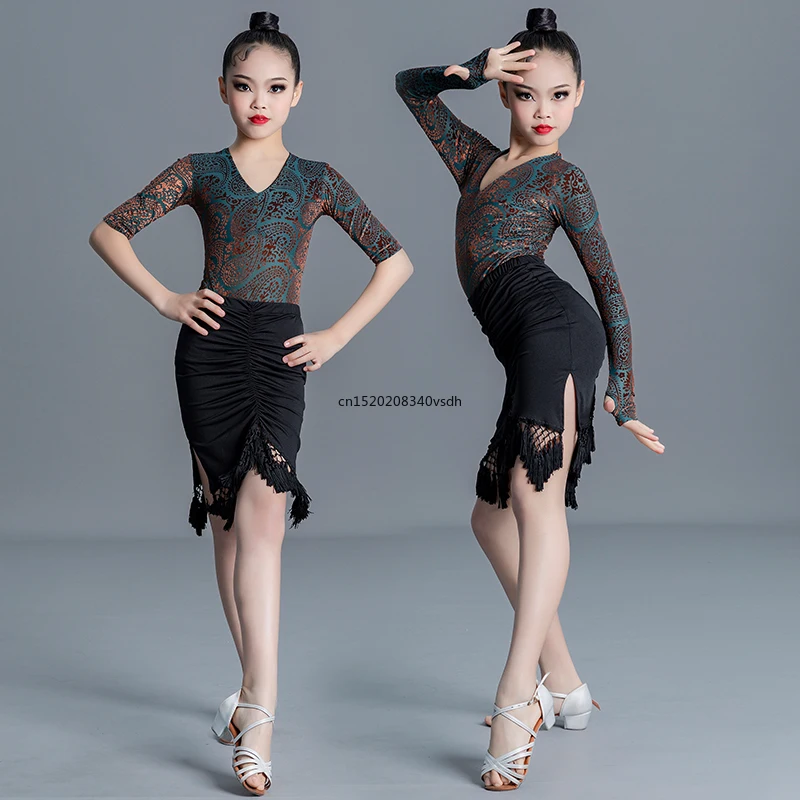 New Children Latin Dance Clothes Girls Training Clothes Split Suit Competition Performance Wear