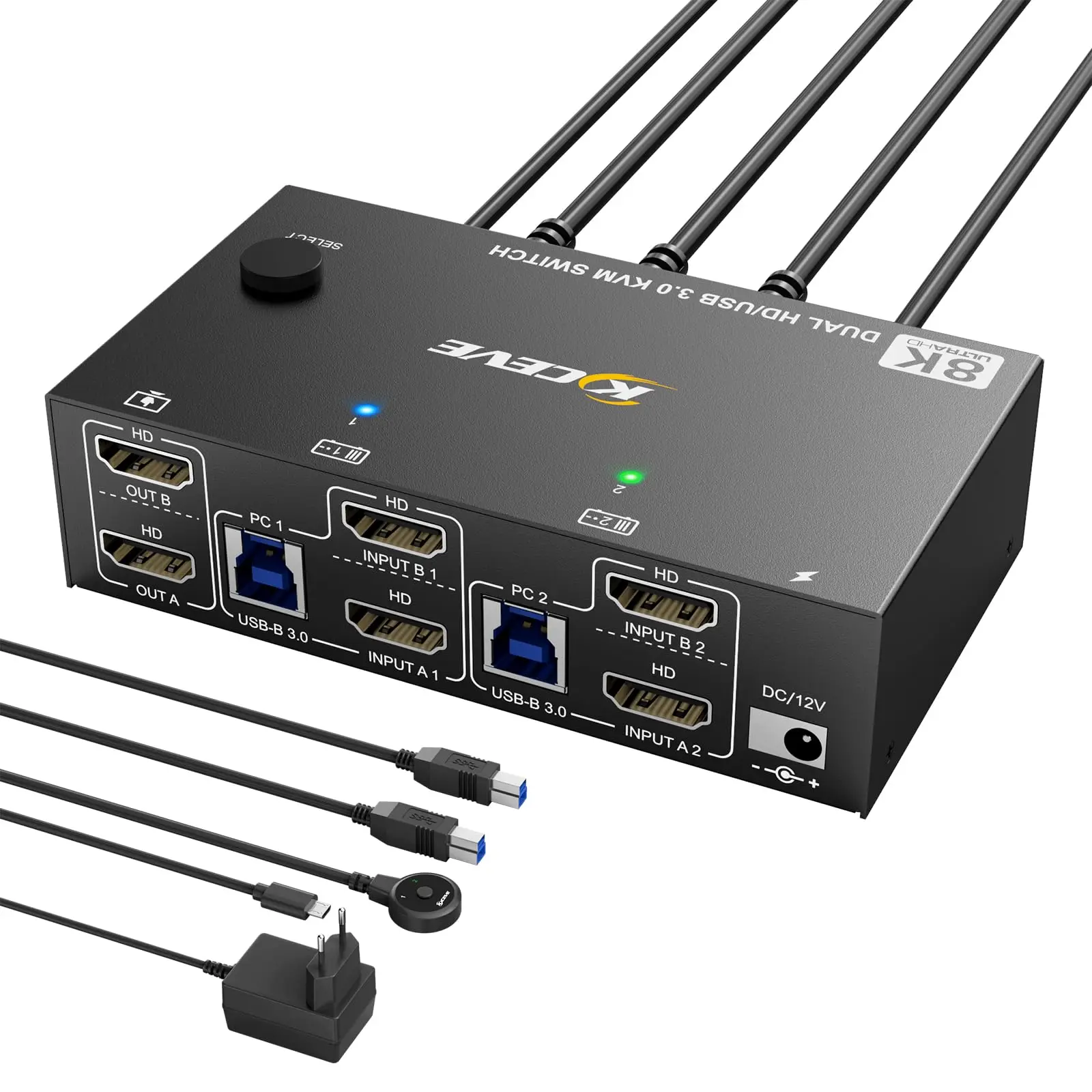 

HDMI KVM Switch 2 Computers 3/2/1 Monitors 8K@60Hz 4K@120Hz,KCEVE USB 3.0 KVM Switch Dual/Triple Monitors Share 4 USB 3.0 Ports