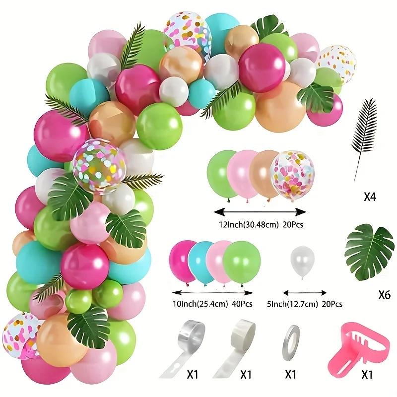 94Pcs Tropical Hawaii Balloons Arch Garland Kit Green Hot Pink Confetti Latex Balloons for Birthday Wedding Party Decorations