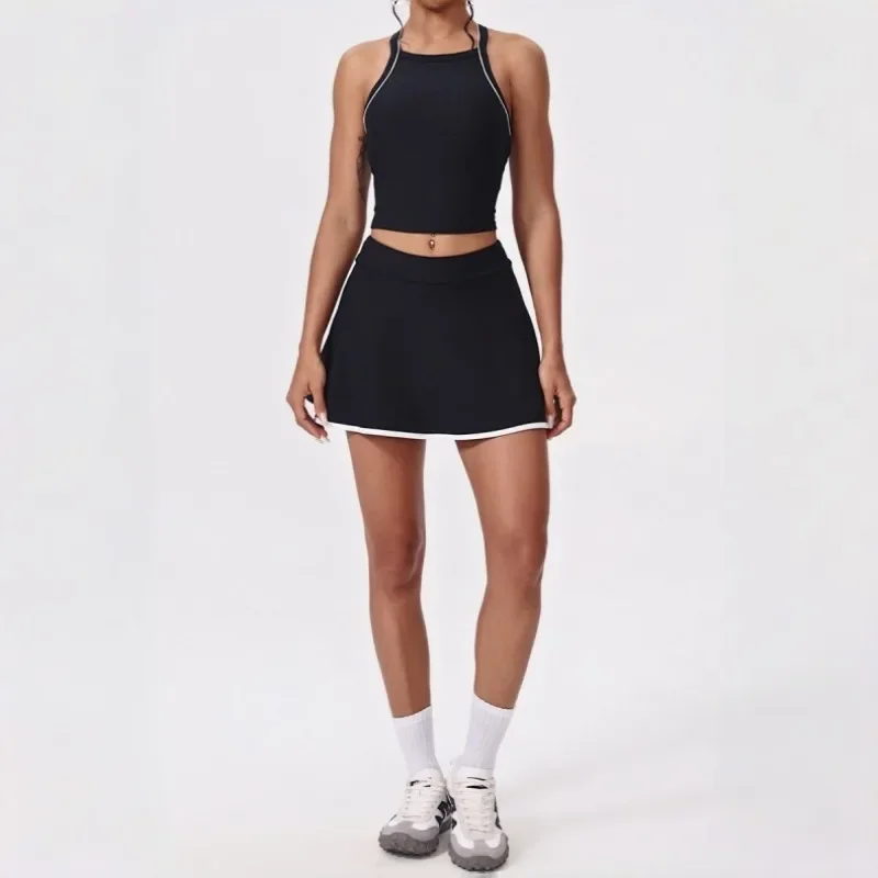 

Женский комплект для йоги из 2 предметов, спортивный костюм для бега на открытом воздухе, спортивный жилет, комплект с короткой юбкой для фитнеса, облегающий комплект с красивой спиной, комплект из 2 предметов