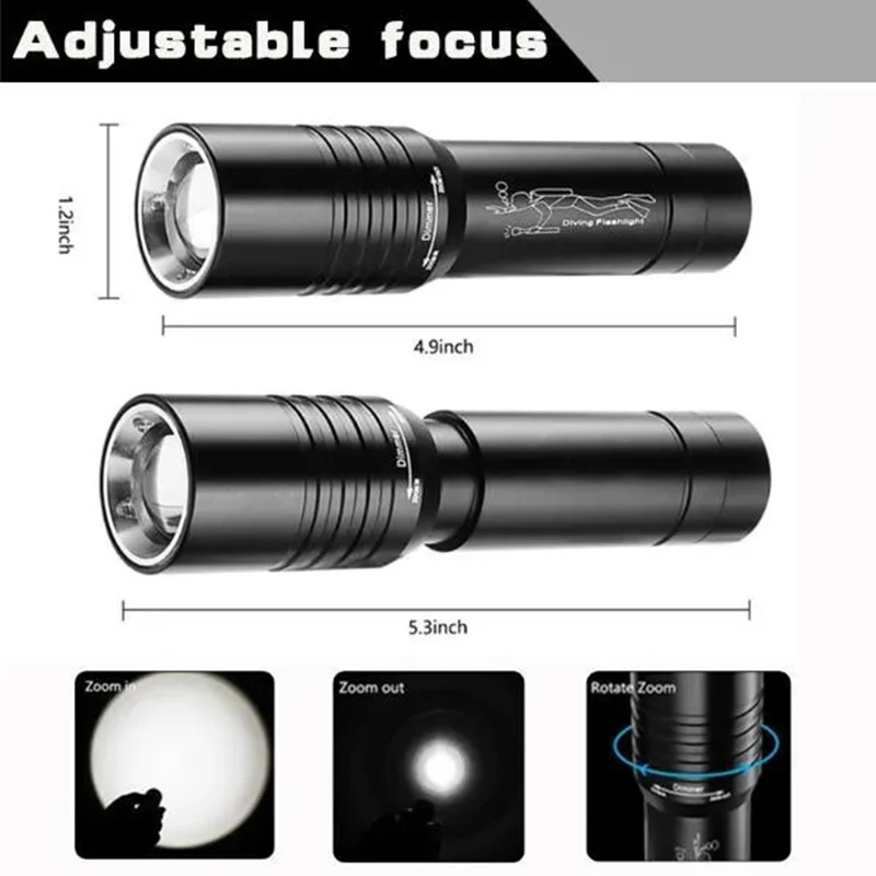 F5 Rotary Zoom Flashlight Underwater Lighting Led Diving Flashlight 3 Modes Adjustable Focus Pocket Torch Diving Underwater 100m