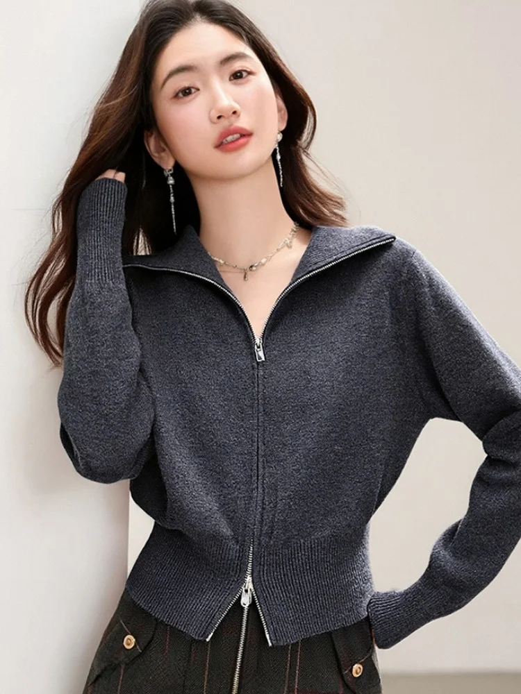 Women's Knitted Open Cardigan Coat Zipper Loose Collar Spring Autumn Fashion Soft Long Sleeve Short Length  Color