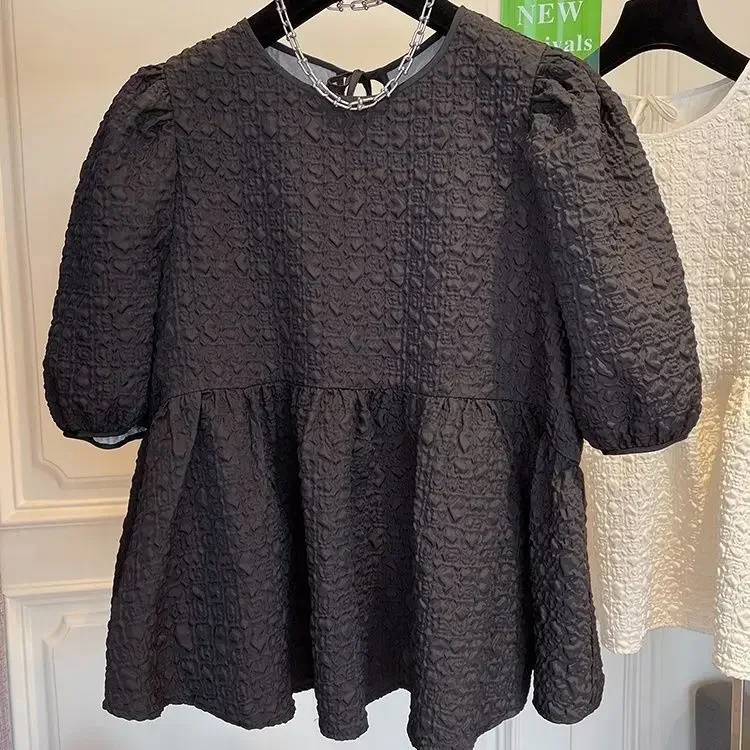 Solid Summer Women Blouses Puff Sleeve Lace Up Kawaii Clothes Shirts Vintage Loose Sweet Blusas Mujer Tops Korean