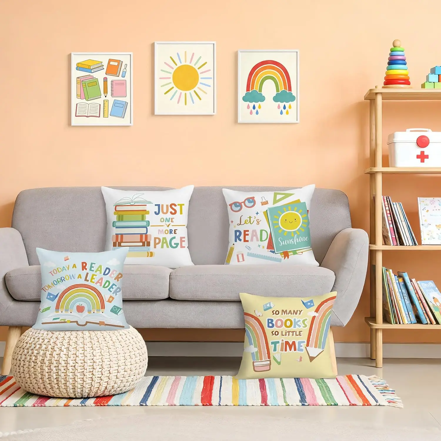 4Pcs Reading Quote Throw Pillow Covers, Colorful Book and Rainbow Cushion Cases for Kids Room Classroom Library Decor
