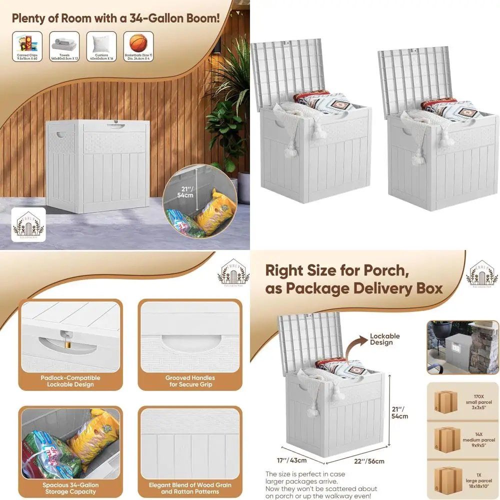 Pair of 33-Gallon Outdoor Waterproof Storage Boxes with Locks for Patio, Cushion, and Delivery Storage in White