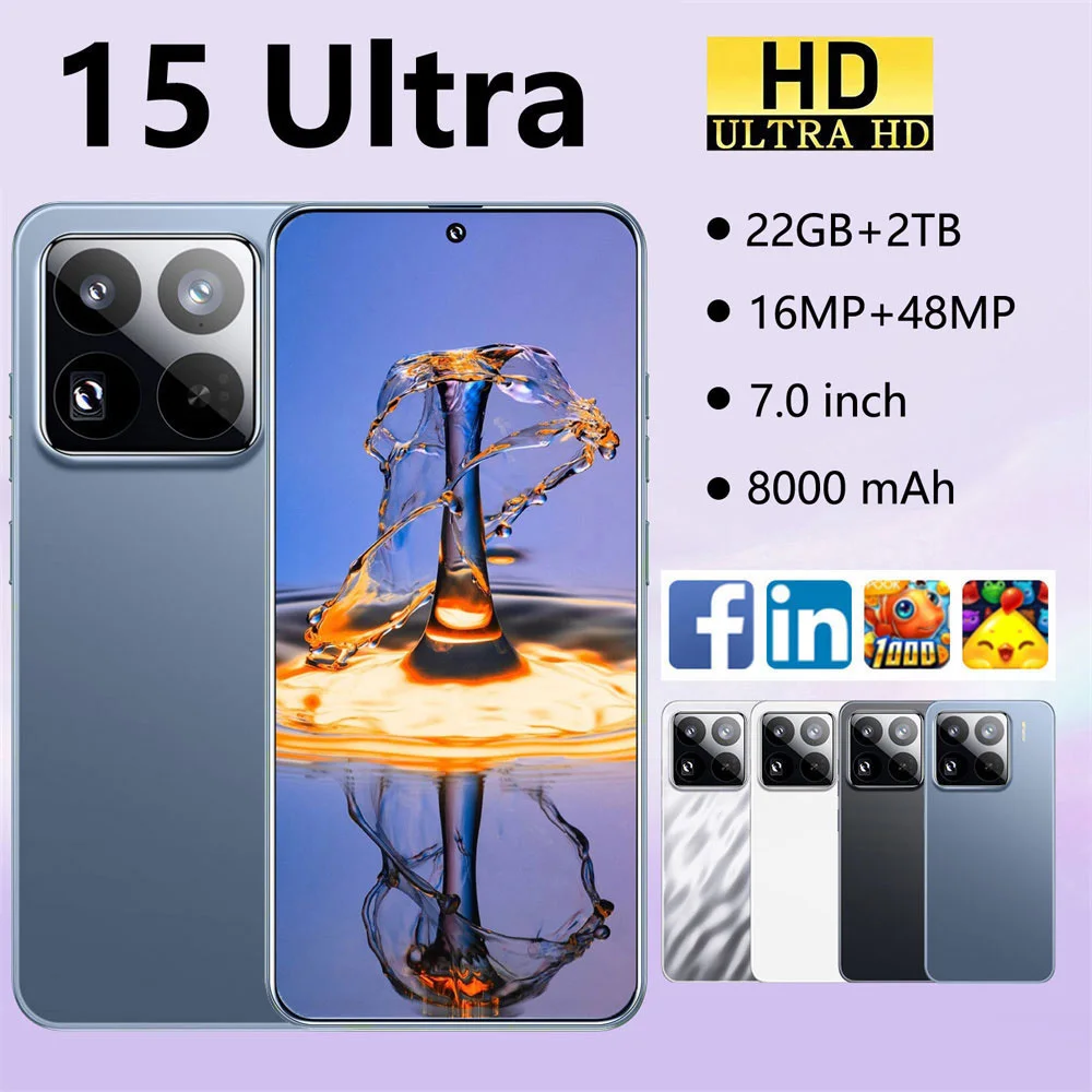 جديد 2025 HOT 15 Ultra 7.0HD الإصدار العالمي الأصلي الذكي المزدوج بطاقة التعرف على الوجه وظيفة بطارية 8000mAh