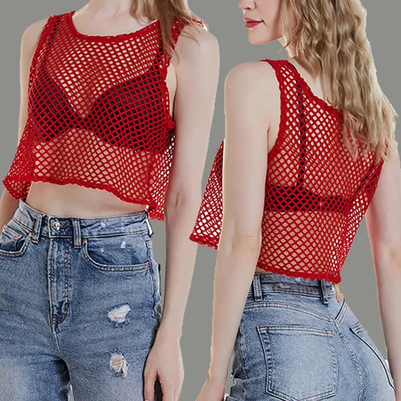 Sexy Black/Red Hollow Out Crop Top 2023 Mesh T-shirt Female Loose Fashion Summer Basic Tops For Women Fishnet Shirt