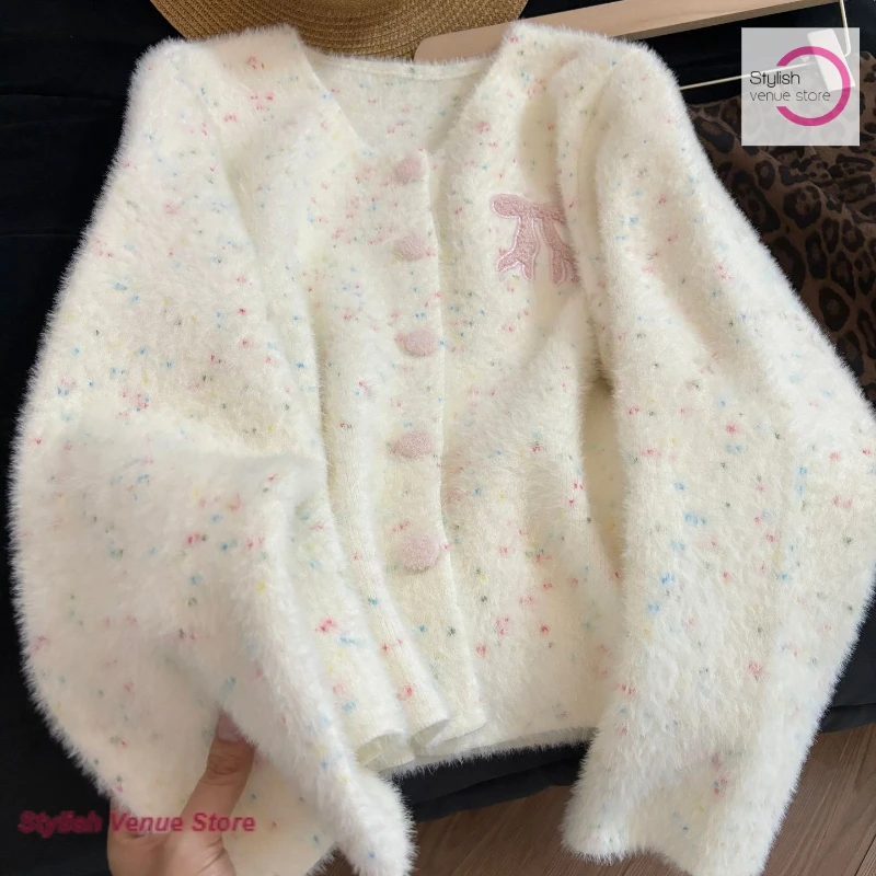 Korean sweet embroidered bow colorful plush sweater women slim in autumn and winter with small fragrance knitted cardigan top.