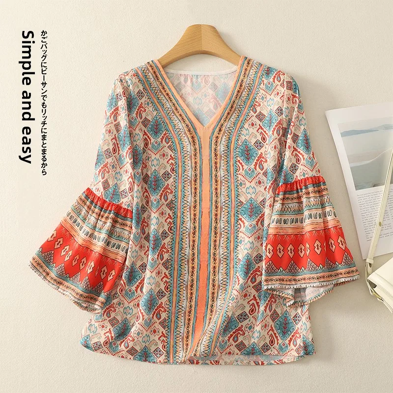 

Loose Cotton Linen Printed Shirt V-neck Sleeveless Women Summer Slimming Ethnicity Style Beach Holiday Fashion Top