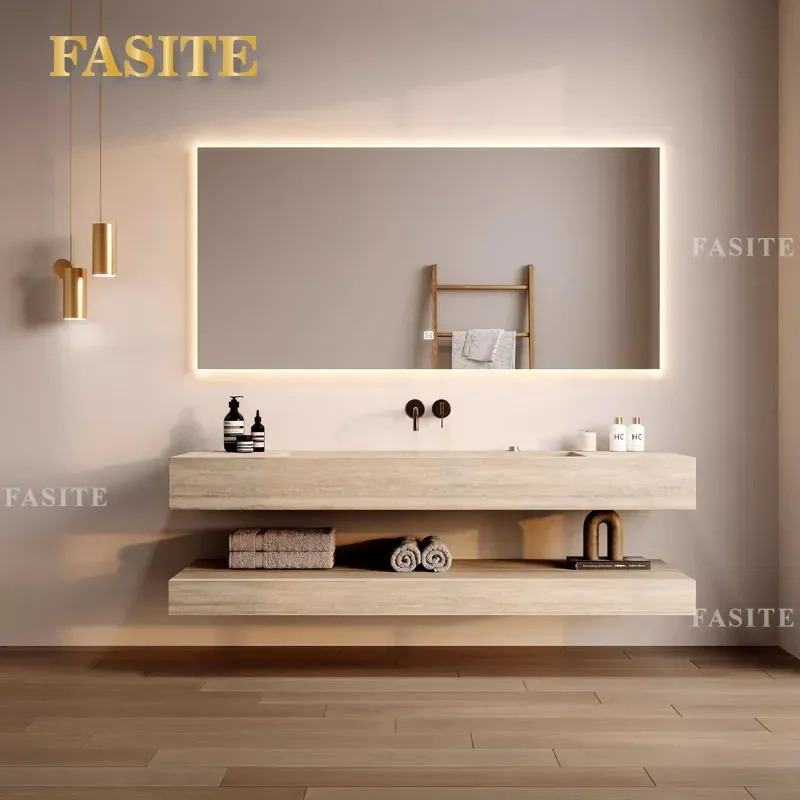 For Customized Rock Slab Integrated Seamless Basin Bathroom Cabinet Combination Travertine Washbasin Double Sink Hotel Use