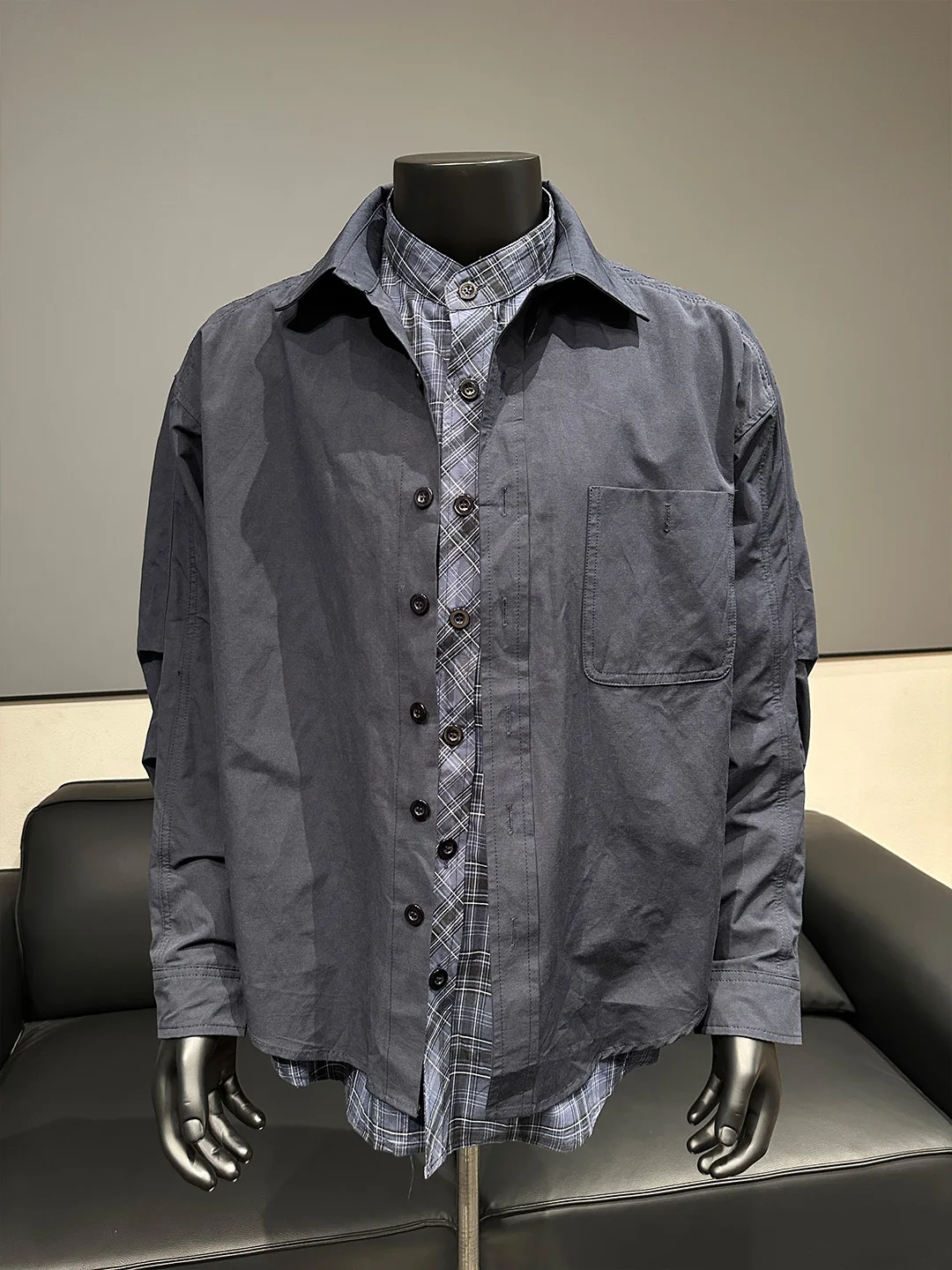 

Men's Plaid Patchwork Long Sve Collar irt Autumn Design Sense Jaet Outerwear Loose Fit Fake Two-Piece Design