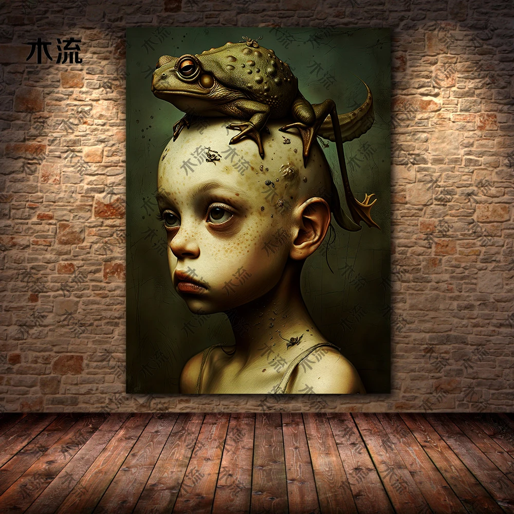 Snail Boy And Frog Boy,Surral Fantasy Wall Art Canvas Painting,Parasitized Weird Boy,Gothic Art Poster And Print Home Decoration