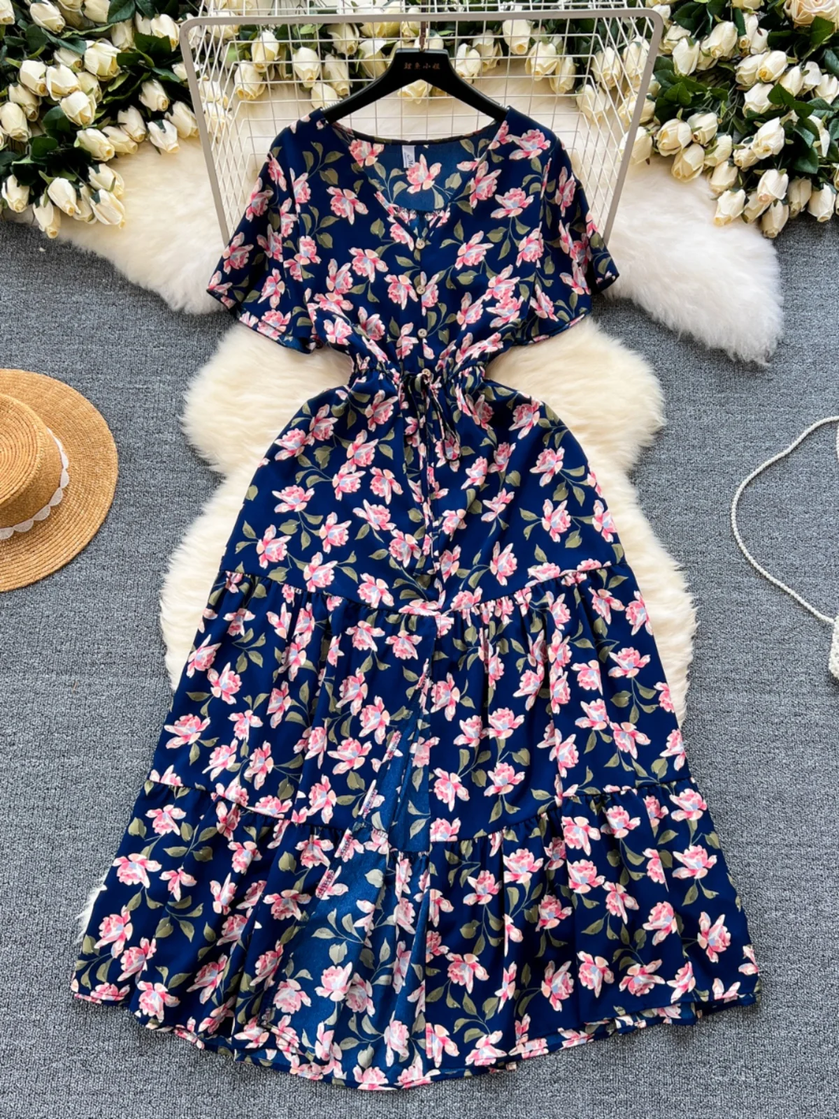 

Foamlina Summer Fashion Floral Print Long Dress Robe Femme Women Elegant V Neck Short Sleeve Sash Lace Up Slim A Line Maxi Dress