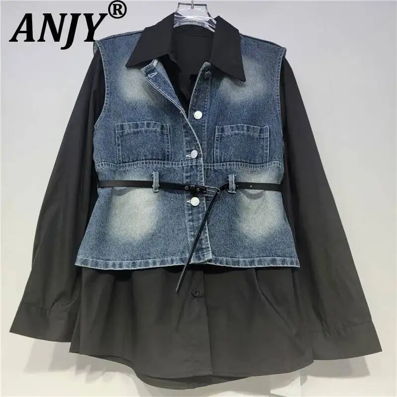 

ANJY Autumn New Women Two-Piece Set Turn-down Collar Single Breasted Long Sleeve Shirt Belted High Street Denim Waistcoat A10354