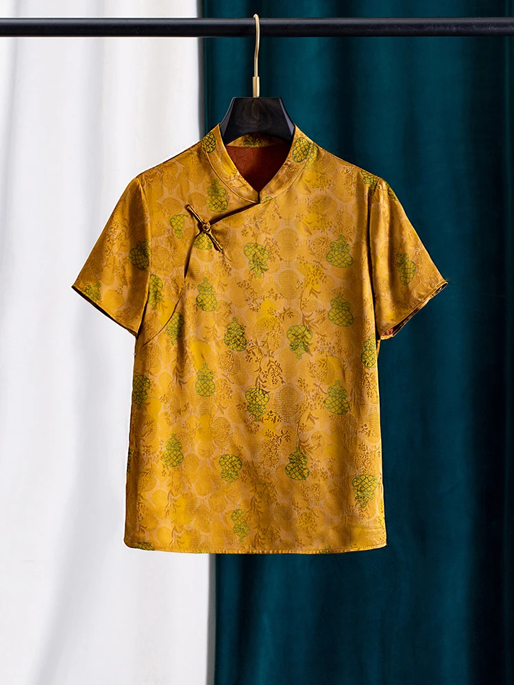 

Женская шелковая рубашка свободного кроя с коротким рукавом, на пуговицах, из мягкой атласной ткани, в новом китайском стиле, в национальном тренде