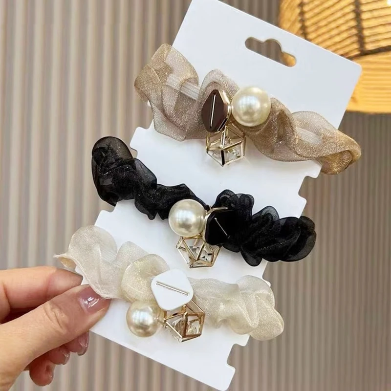 3pcs Chiffon pearl large scrunchie women\'s hair tie rubber band temperament head string high-grade sense ball fascinator