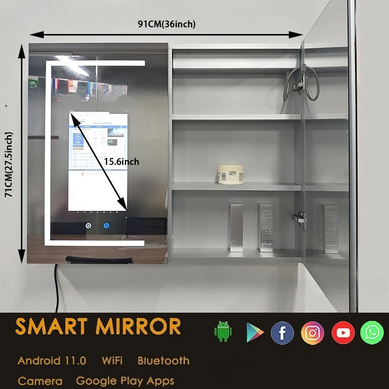 Bathroom Mirror Cabinet With Smart Mirror Touch Screen Smart Home Bathroom Cabinet Double Door Storage Cabinet Stainless Steel