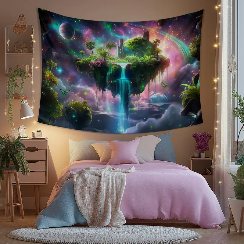 1pc Fantasy Floating Island Tapestry - Dreamy Nebula, Waterfall & Magical Landscape Wall Hanging Decor for Living Room, Vibrant