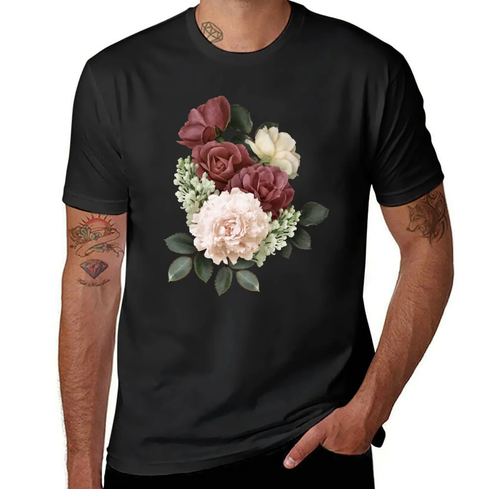 Vintage bouquets of dark red roses, white peony and lilac. T-Shirt boys animal print heavyweights mens t shirt graphic