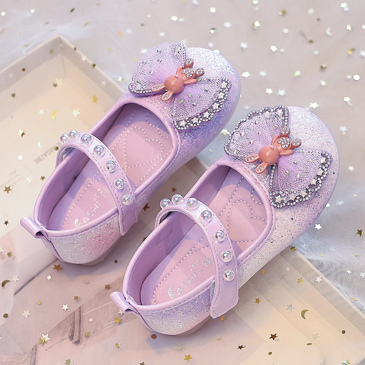 Girls Mary Jane Flat Shoes, Sparkly Glitter Princess Dress Shoes Bow Rhinestone, Toddler Little Girls Party Wedding Ballet Flats