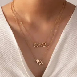 Fashion Boho Vintage Gold-plate Chain Letter A Heart-shaped Infinity Pendant Necklace For Women Multi-level Choker Jewelry Gift
