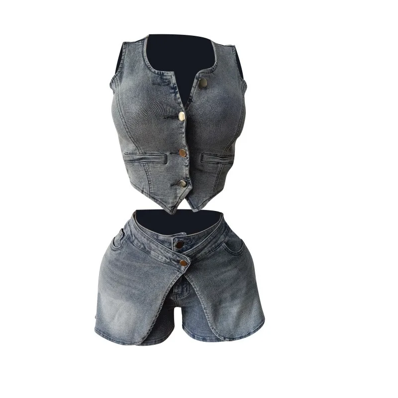 

Women High Stretch Summer Denim 2 Piece Set Single Breasted Sleeveless Waistcoat Crop Tops + Skirts Shorts Casual Jeans Suits