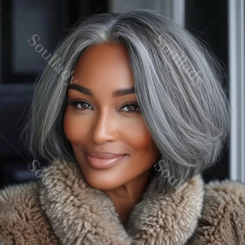 

Classic Women's Hairstyle Salt and Pepper Straight Bob Wig Brazilian Colored Straight 4x4 Lace Closure Human Hair Wigs For Mom