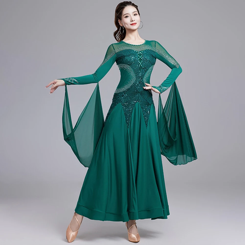 Modern Dance Dress wine red Ribbon Professional Competition Standard Dress Purple Sequin dark green Waltz Ballroom Dress