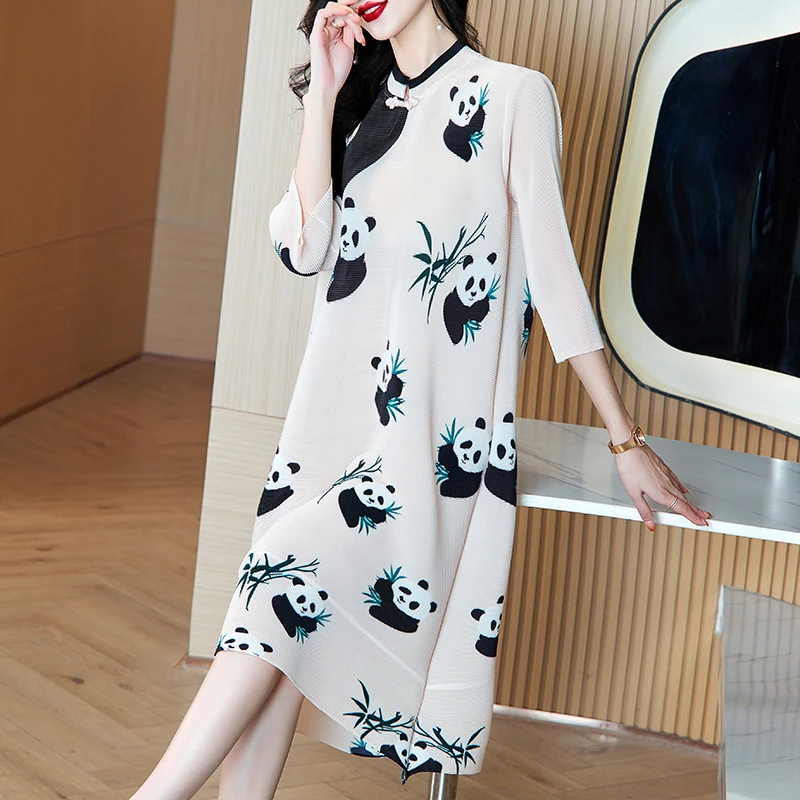 Miyake Dress Retro Middle Aged Mom Dress Female 2024 Autumn Style Temperament Reduced Age Panda Print Improved Cheongsam Dress