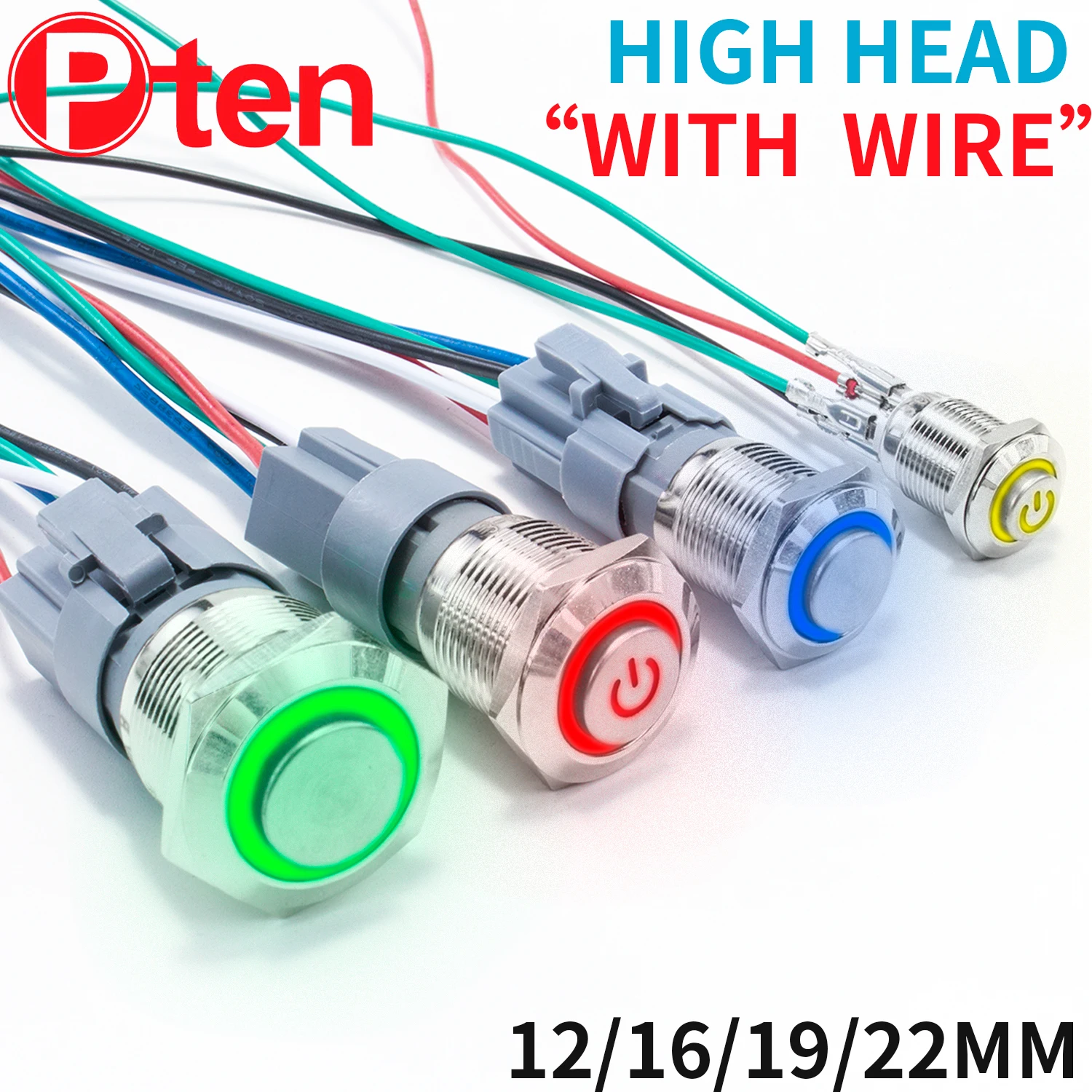 

12 16 19 22 mm High Head Metal Push Button Switch with Wire On Off PC Power 12v for Car Momentary Latching Fixed Blue 5V 220V